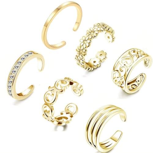 6Pcs/set Gold Color Adjustable Toe Ring Simple Open Ring Set Women Knuckle Stackable Open Band Hawaiian Beach Foot Jewelry