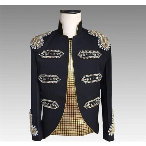 Shiny Beaded Jacket for Men Singer Performance Costume Groom Wedding Suit Slim Fit Coat Long Sleeve Casual Outfit
