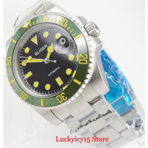 BLIGER Brand Business Style Self Winding 40mm Men Watch Date Window Sapphire Crystal Green Rotating Bezel Mental Bracelet