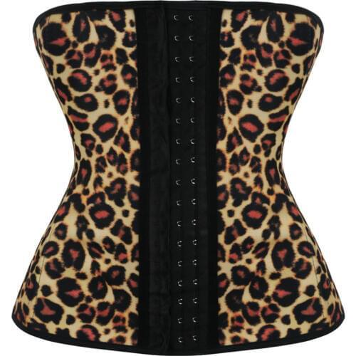 Best Sale Sexy Leopard Print Teel Boned Latex Corset Top Rubber Waist Cincher Body Shaper Waist Trainer Corsets