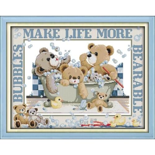 Joy Sunday Bubble Bath Bears Cartoon Baby Room Bathroom Decor11&14C DIY Hand Embroidery Cross Stitch Kit Patterns Printed Canvas