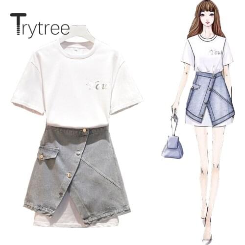Trytree 2020 Summer Women two piece set Casual O-neck Letter Loose Tops + Cowboy Skirt Button Fashion Split hem Set 2 piece set