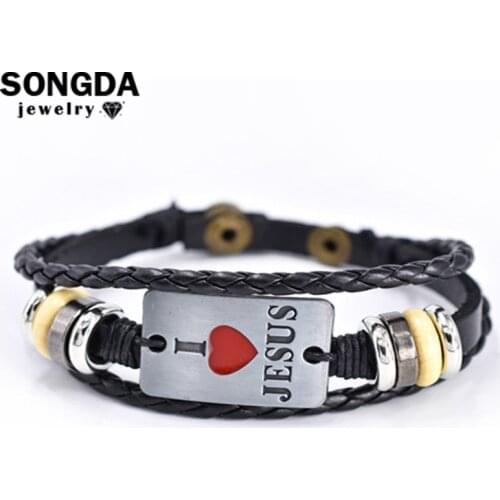 I Love Jesus Leather Bracelet Black Woven Bead Heart Bracelets Bangle Men Women Christian Religious Jewelry Hot Sell Accessories