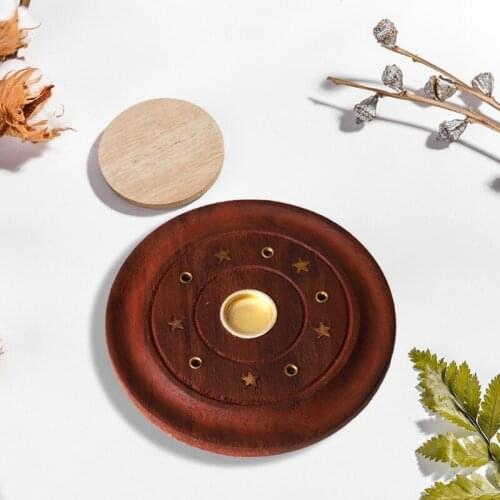 Round Wooden Incense Plate 6 Hole Incense Sticks Burner Cones Censer Holder Yoga Teahouse Home Decoration