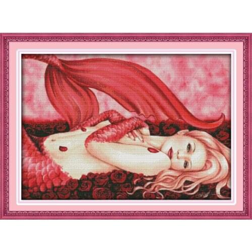Red mermaid cross stitch kit people 18ct 14ct 11ct count print canvas stitches embroidery DIY handmade needlework