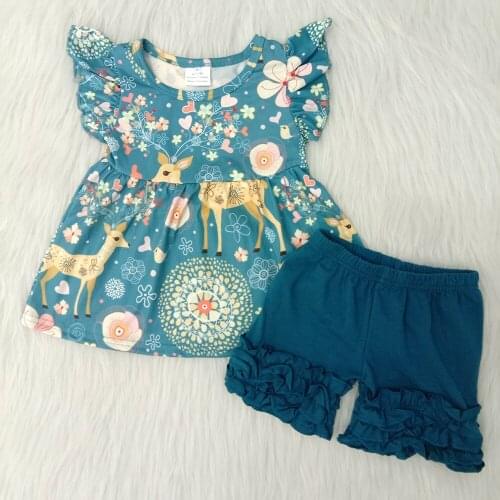 New arrival summer flutter sleeve outfit kids Sika deer top and solid color shorts set girl icing ruffle design outfit