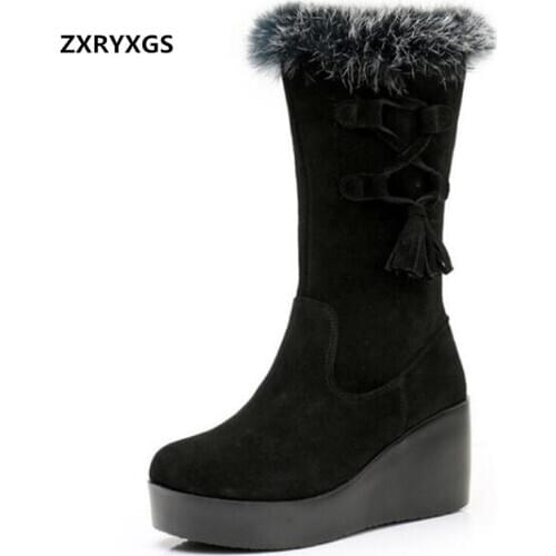 New Top Frosted Cowhide Rabbit Fur Winter Snow Boots Fashion Boots Thick Bottom Wedges High Heel Shoes Mid-tube Boot Women Boots