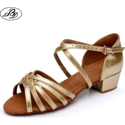 Girl Latin Dance Shoes BD Dance 603 Golden sliver Low Heel Dancesport SHINING Child Latin Shoe Ballroom Dance Shoe Indoor Sandal