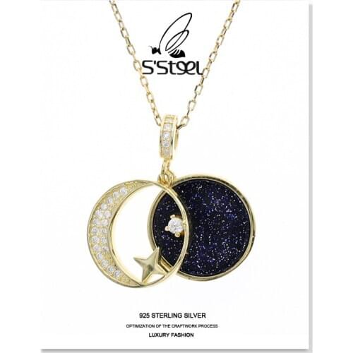 SSTEEL Star Moon Pendant Necklace 925 Sterling Silver Chain Zircon Statement Necklaces Accesories For Women Designer Jewelry