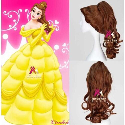 Movie Belle Beauty And The Beast Natural Long Body Wave Clip Brown Princess Synthetic Cosplay Wig For Halloween Party+wig cap