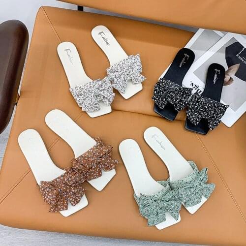 Summer Women Slippers Sandals Shoes Antiskid Flat Sole Slippers Woman Bow Tie Flower Print Sandals Slides Beach Shoes Designer