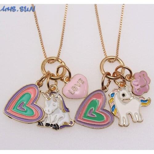 MHS.SUN Newest Cartoon Unicorn Pendant Necklace DIY Heart Jewelry Gold Color Chain Necklace For Kids Girls Gift 1PC Hot sale