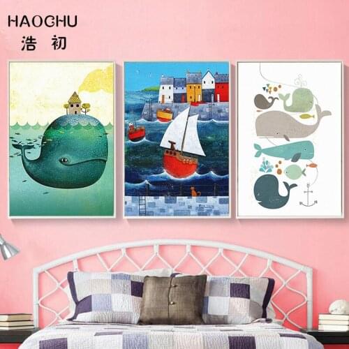 Mediterranean Childrens Room Decoration Painting Whale Sea Water House Living Room Wall Poster Restaurant Blue Dream Lighthouse