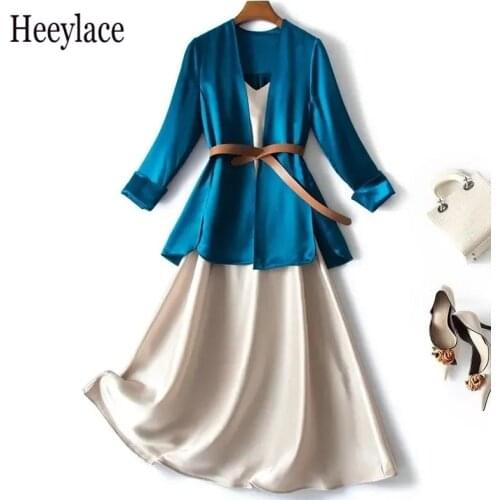 High Quality Satin Spaghetti Strap Dress 2 Piece Set Women Office Lady Thin Blazer With Belt Elegant Sleeveless Long Dress Suit