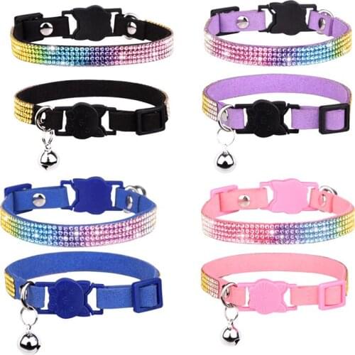 Suede Leather Dog Collar with Bell Bling Colorful Rhinestone Collars for Small Dogs Cat Necklace Adjustable With Soft Material