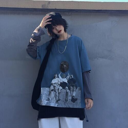 Spring 2020 Womens T-shirt Korean Ins Harajuku Style Printing Loose Fake Two-piece Female Shirt Wild Trend Long-sleeved Tops