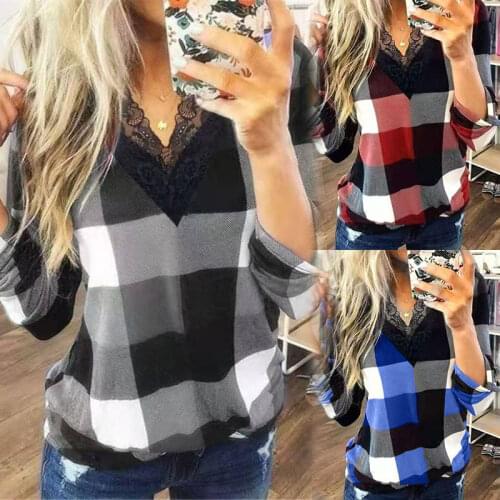 Women Lace Plaid shirt V-neck Shirt Women Tops Casual 2021 Spring Fashion