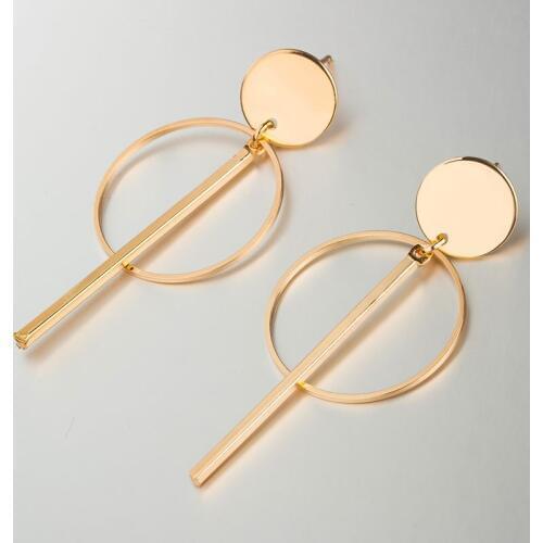 Trendy Hyperbole Shine Gold Color Hollow Round Loop Bar Strip Metal Pendant Charm Long Drop Dangle Earrings For Women