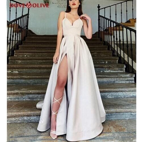 Sexy Split V-Neck Prom Dresses 2020 Women Formal Party Long Spaghetti Straps Evening Gowns vestido de fiesta Elegant gala jurken