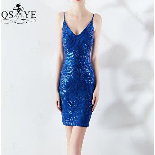 Royal Blue Sheath Prom Dresses 2021 Elastic Sequin Evening Gown V neck Spaghetti Straps Formal Gowns Short Party Gown