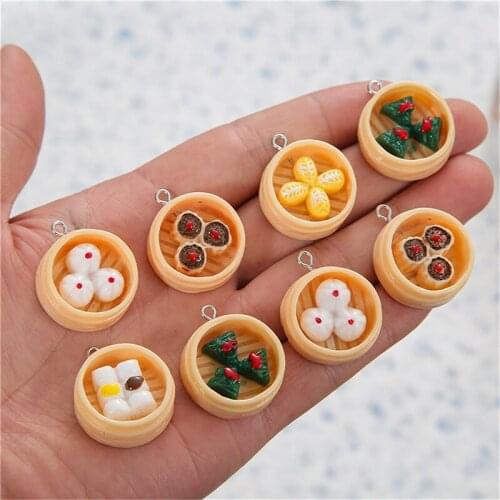 Julie Wang 5PCS Resin Chinese Snacks Charms Mixed Baozi Shaomai Mantou Zongzi Dumpling Artificial Food Jewelry Making Accessory