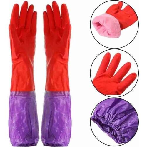 1Pair Long Rubber Velvet Household Gloves Dishwashing Rubber Waterproof Antiskid Thicken Warm Gloves Scrubber Kitchen Clean Tool