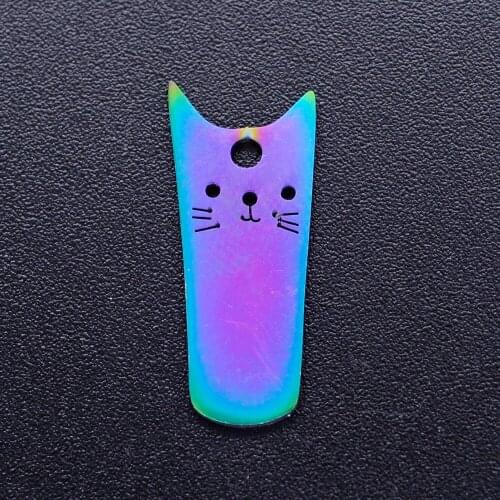5pcs/lot 100% Stainless Steel Long Square Cartoon Cat diy Charms With Rainbow Plated Wholesale Finding Charm Suppliers