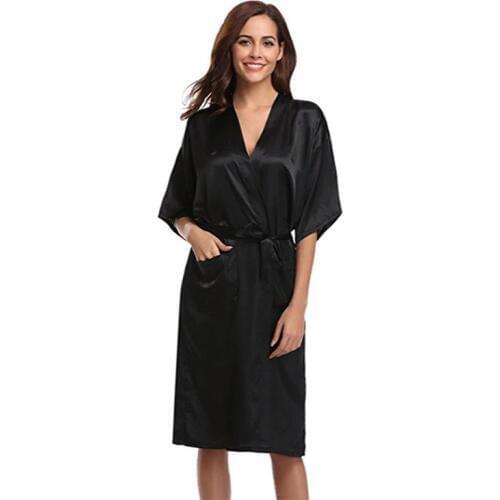 Black Womens Kimono Robe Dressing Gown Long Classic Satin Wedding Nightwear Sexy Nightgown Novelty Bath Gown Nightgown D128-08