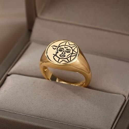 ICFTZWE Vintage Sun Moon Rings For Women Stainless Steel Gold Sun Face Moon Punk Ring Wedding Party Accessories Jewelry Gift