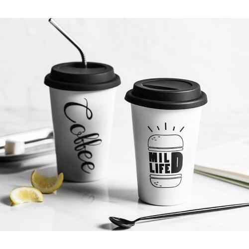 Ins popular brief mugs with straws stainless steel mug with lid summer student white black coffee letter printed drinkware