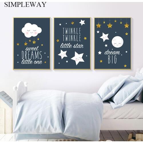 Baby Nursery Quotes Wall Art Canvas Painting Blue Cartoon Moon Star Poster Child Print Nordic Kids Bedroom Decoration Picture