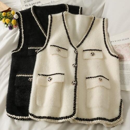 Korean Style Mink Fleece Coat Womens Sweater Autumn Sleeveless Jacket Winter Clothes Women Cardigan Warm Knitted Vest 2021