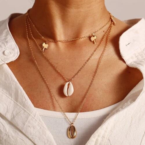 Creative Vintage Shell Necklace Coconut Tree Pendant Multilayer Necklaces for Women Summer Style Holiday Necklace Jewelry