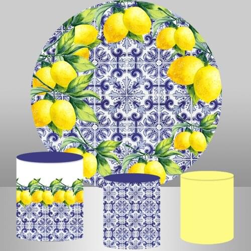 Circle Round Backdrop Cover Spanish Porcelain Pattern Photocall Birthday Party Decoration Lemon Baby Shower Photo Background