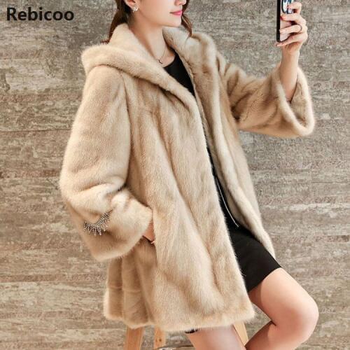 Fashion Winter Women Faux Fur Jacket Coats Solid Color Hooded Mink Hair Fur Jackets Plus Size 3XL Female Slim Outerwear Coat