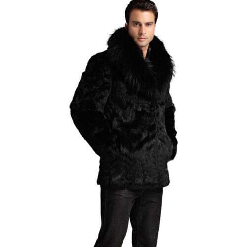 Hot sale!Winter men fashion fox fur collar faux rabbit fur coats Black luxury leather suit parka Upscale casual menswear jackets