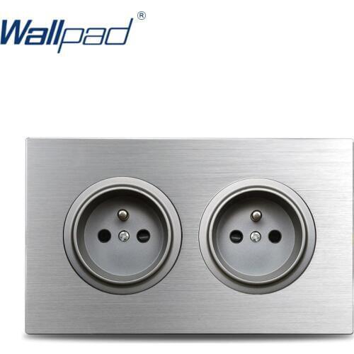 Wallpad Grey Double 2 French Wall Electric Socket Power Outlet 146* 86mm Silver Brushed Aluminum Panel Frame
