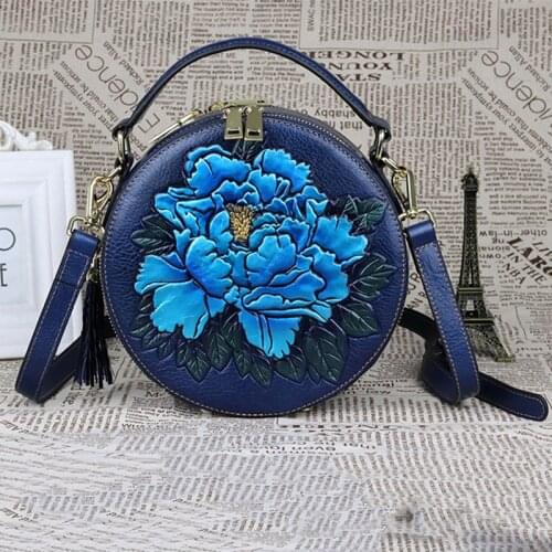Top Quality Genuine Cow Leather Women Shoulder Bag Vintage Circle Shape Purple/Blue Color Crossbody Embossed Rose Flower Purses