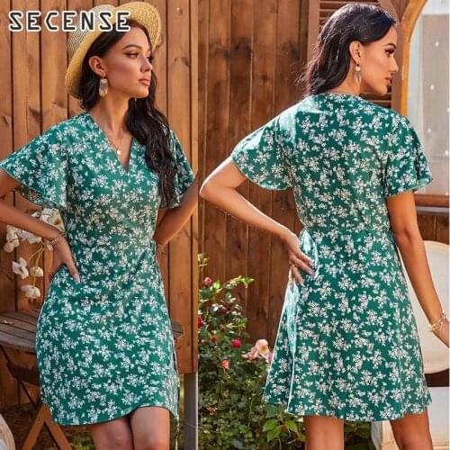 Dresses For Women Casual Floral Print Summer V-Neck Short Sleeve Mini Dress Open Stitch Holiday Ruffles Ladies Printed Party
