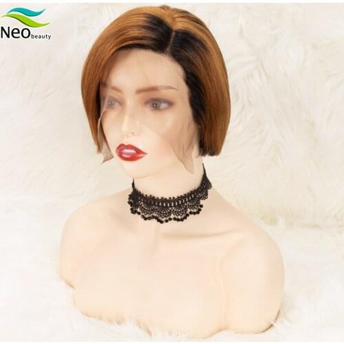 Straight Bob Pixie Cut Wig Remy Lace Closure Wig Pre Plucked 13x4x1 Lace Front Wig Brown Ombre Human Hair Wigs for Women M