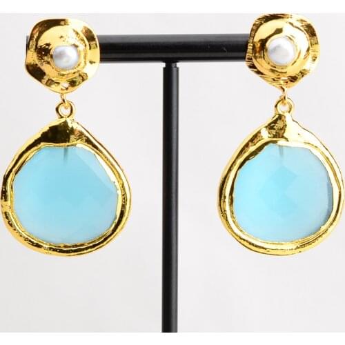 Natural Blue Cats Eye Yellow Gold Plated White Pearl Stud Earrings