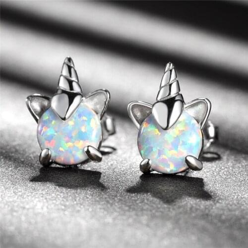 White Blue Fire Opal Earrings Cute Female Small Round Stone Unicorn Earrings Boho Rose Gold Silver Color Stud Earrings For Women