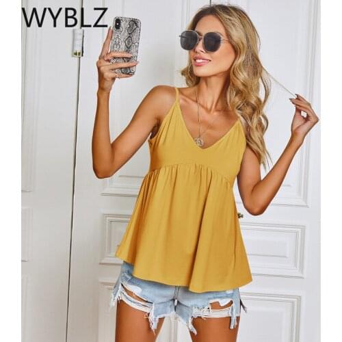 WYBLZ 2021 Summer Women New Solid Color Fashion V-Neck Sling Stitching Loose Vest Casual Splice Pleated Halter Sling Tops