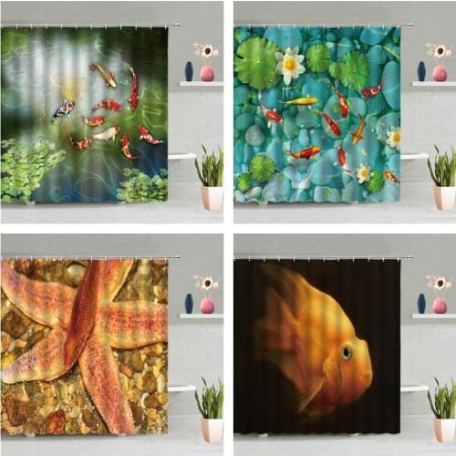 Chinese Style Lotus Pond Shower Curtain Goldfish Printed Bathroom Wall Hanging Curtains Waterproof Hook Screen Home Decor Set