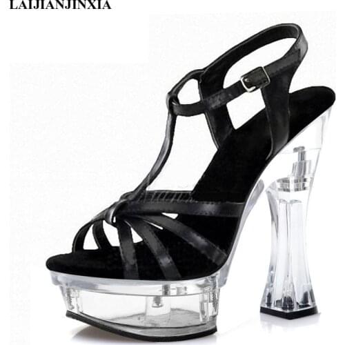 New 14 CM High Heeled Shoes Hollow Crystal Platform Open Toe Womens sandals Fashion Party Dress Stage Queen Office Lady Shoes