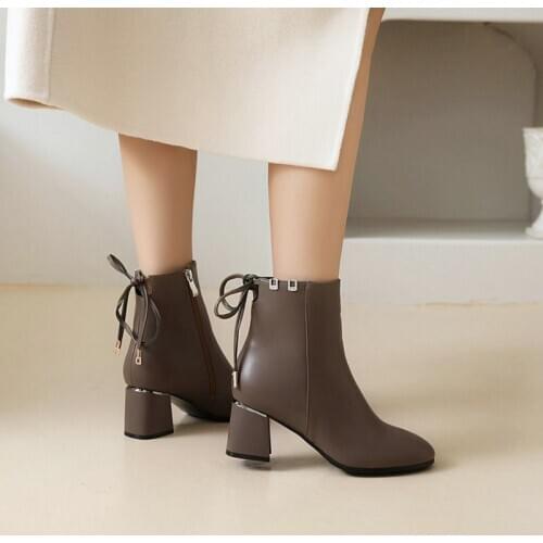 2020 brown beige female boots shoes chunky high heels round toe pumps plus size 33-43 womens ankle boots fleece warm boots zip