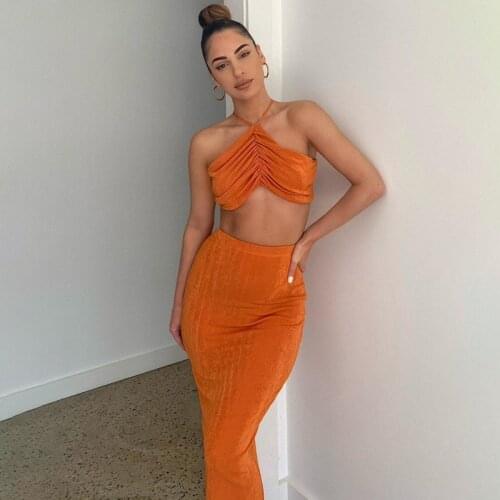 2 Piece Set Women Midi Skirt Sets 2021Summer Sexy Ruched Halter Backless Crop Tops +Split Wrap Skirts Beach Casual Party Outfits