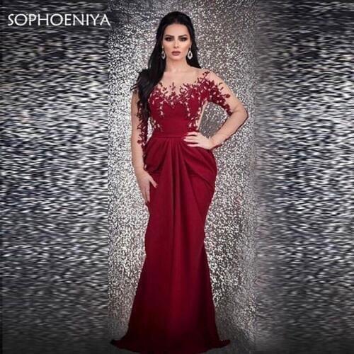 New Arrival Long Sleeves Burgundy Evening Dress mermaid 2021 robe longue Kaftan Dubai Formal dress Party Gown Robe de soiree