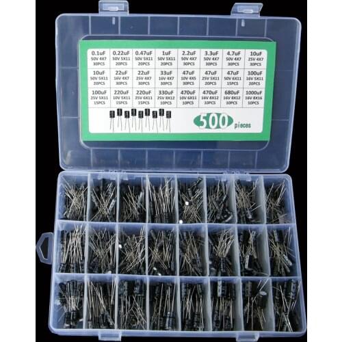 500Pcs/lot 0.1UF-1000UF 24Values Aluminum Electrolytic Capacitors 16-50V mix Electrolytic capacitor Assorted kit and storage box