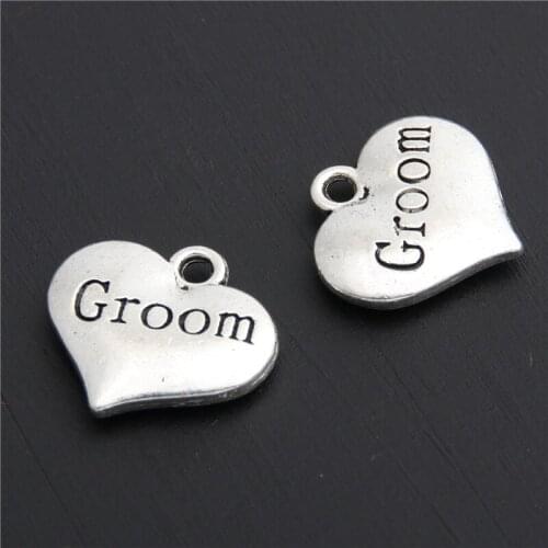 8pcs Silver Color Letter Printed Groom Heart Charms For Jewelry Making A2844